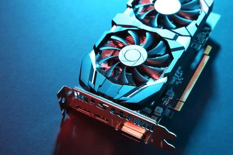 Computer graphics card on color background, closeup. Space for text Foto stock