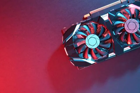 Computer graphics card on color background, top view. Space for text Foto stock