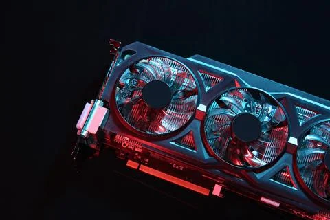 Computer graphics card on dark background, top view Foto stock