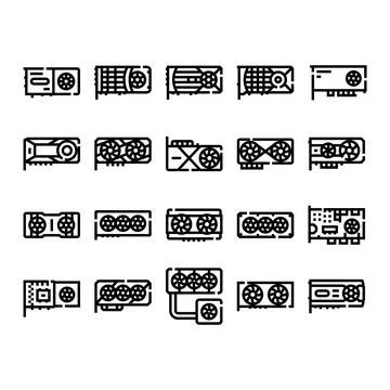 Computer graphics card hardware line art icons set Illustrazione stock