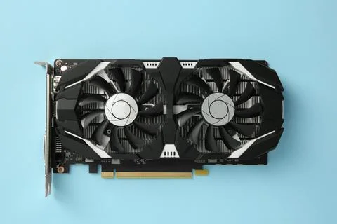 Computer graphics card on light blue background, top view Stock Photos