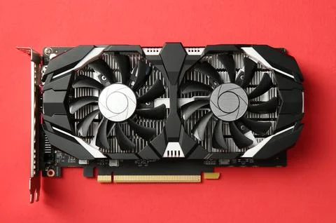 Computer graphics card on red background, top view 스톡 사진