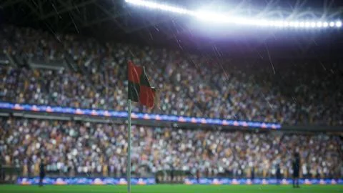 Computer graphics corner post on soccer pitch in stadium on rainy night Stock Illustration