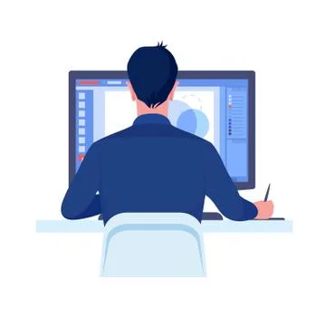 Computer graphics designer work on desk in office concept. Vector Stock Illustration