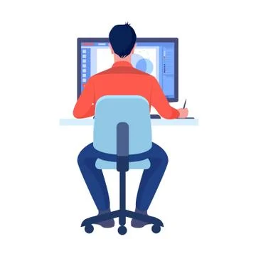Computer graphics designer work on desk in office concept. Vector Stock Illustration