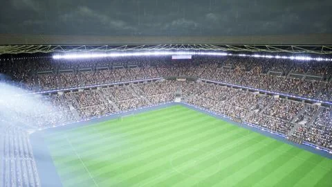 Computer graphics football stadium hosting match played during rainy night Stock Illustration