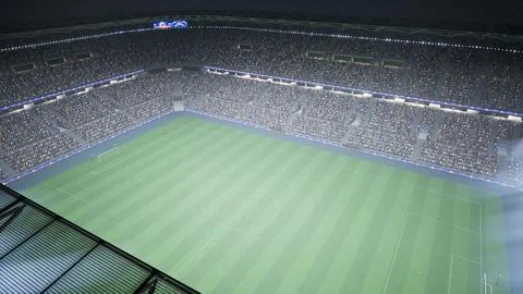 Computer graphics of football stadium lit by spotlights during foggy night Stock Illustration