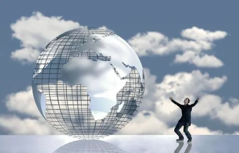 Computer graphics man in front of globe with clouds joy Stock Illustration