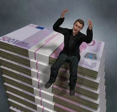 Computer graphics man pile bills bundle of banknotes symbolic image cheering Stock Illustration