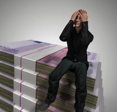 Computer graphics man pile bills bundle of banknotes symbolic image debt despair Stock Illustration