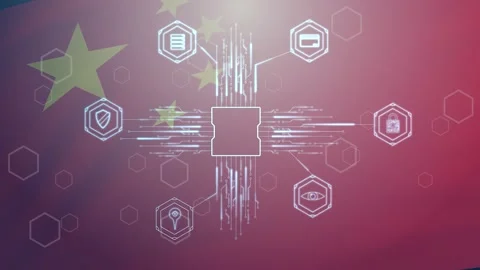 Computer graphics schematic microchip of artificial intelligence with icons symb Stock Footage 236103353