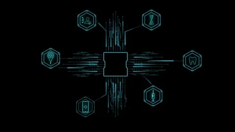 Computer graphics. Scheme of an artificial intelligence chip surrounded by icons Video stock 243662129