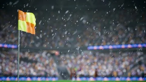 Computer graphics simulation of snowflakes falling over football corner flag 스톡 일러스트