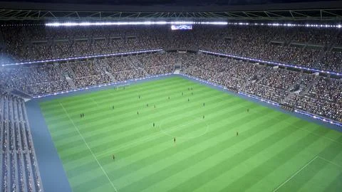 Computer graphics soccer players doing ball kickoff on stadium pitch at night 库存插图