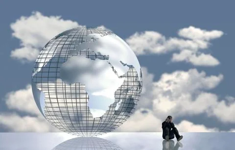 Computer graphics thoughtful man in front of globe with clouds Stock Illustration