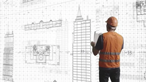 Computer graphics view from the back of a builder in a helmet who holds a bluepr Stock Footage 232988105
