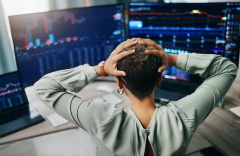 Computer, graphs and business person stress over data analysis error, economy Stock Photos