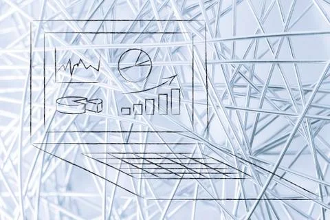 Computer with graphs and stats for data analysis Illustrazione stock
