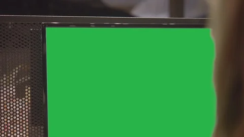 Computer Green Chroma Key Screen, Business Office Setting Woman Head Monitor Stock Footage 98978681