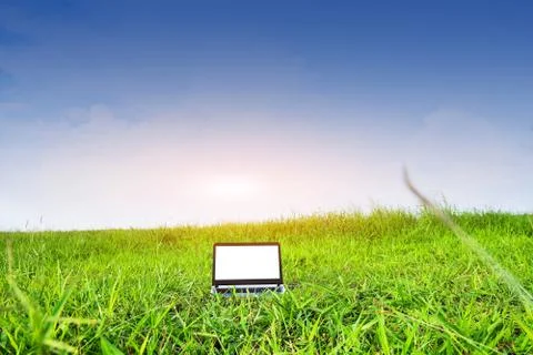 Computer is on green field under blue sky,Computer business technology concep Stock Photos