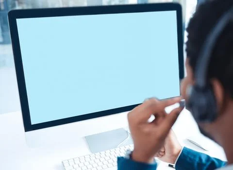Computer, green screen and call center agent, website IT support or virtual Stock Photos