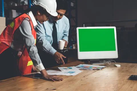 Computer with green screen display in warehouse storage room Stock Photos