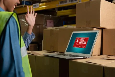 Computer with green screen display in warehouse storage room Stock Photos