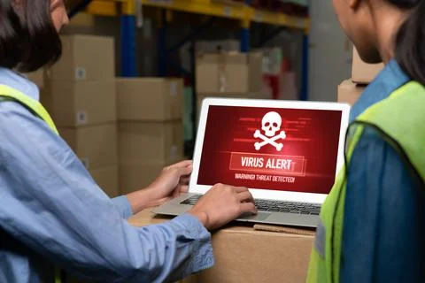 Computer with green screen display in warehouse storage room Stock Photos