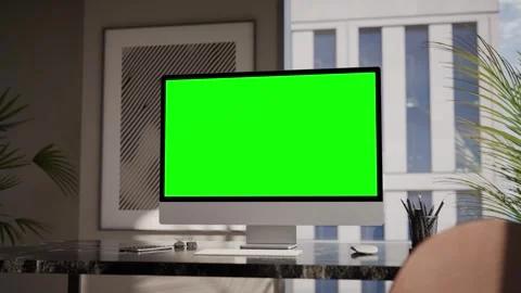 Computer Green Screen In Modern Executive High Office - Camera Orbit Stock Footage 339902770