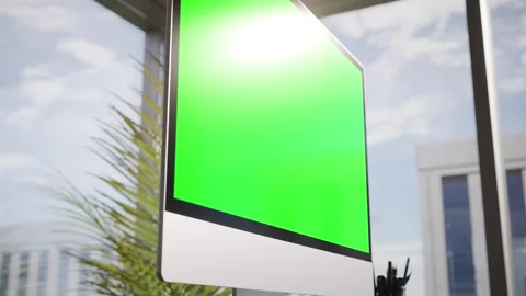 Computer Green Screen In Modern Executive High Office - Perspective View Cl.. Stock Footage 339902786