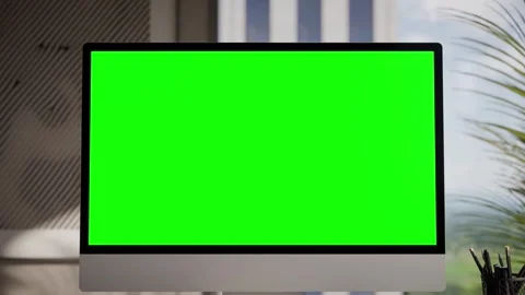 Computer Green Screen In Modern Executive High Office - Front View Zoom in Stock Footage 339902800