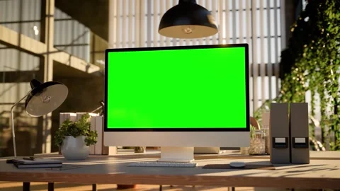 Computer Green Screen Modern Office Workspace with and Evening Sunlight - C.. Stock Footage 336250648