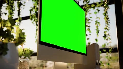 Computer Green Screen Modern Office Workspace with and Evening Sunlight - B.. Stock Footage 336250653