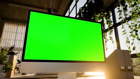 Computer Green Screen Modern Office Workspace with and Evening Sunlight - B.. Stock Footage 336250655