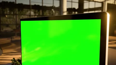 Computer Green Screen Modern Office Workspace with and Evening Sunlight - T.. 스톡 동영상 336250656