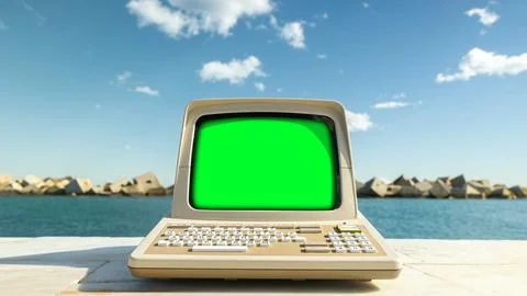 Computer with green screen 스톡 사진