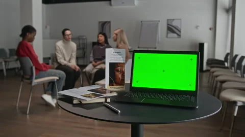 Computer with Green Screen in Support Group Room Stock Footage 331397319