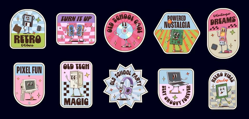 Computer groovy label stickers, device patches Stock Illustration