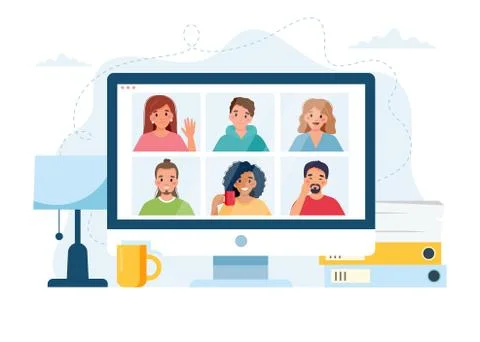 Computer with group of people doing group call. Online meeting via video Illustration