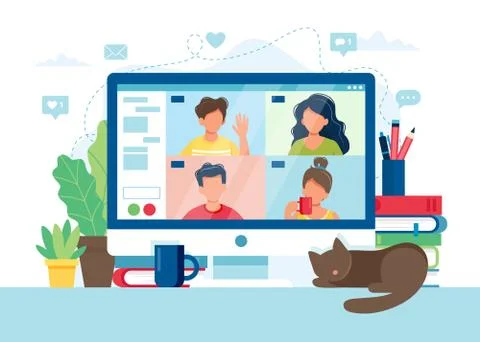 Computer with group of people doing video conference. Online meeting via group Illustration
