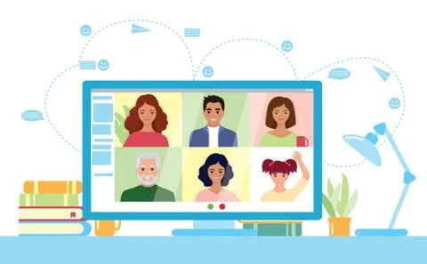 A computer with a group of people talking over a video connection Online meeting Stock Illustration