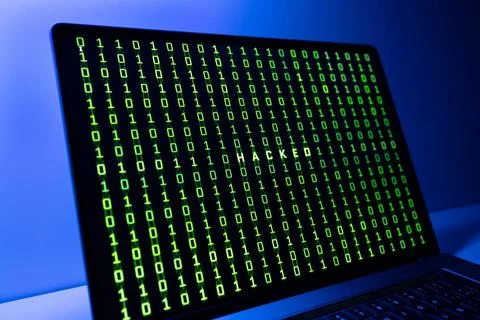 Computer Hacked concept. Laptop screen with hacked word and binary code ba... Foto stock