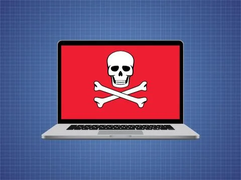 Computer hacked with skull symbol and danger alert 스톡 일러스트