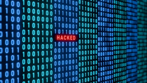 Computer hacked warning sign, binary code with red signal, cyber crime. Stock Footage 304498365