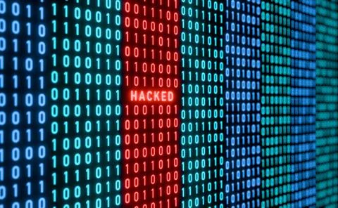   Computer hacked warning sign, binary code with red signal, cyber crime. ... 库存照片