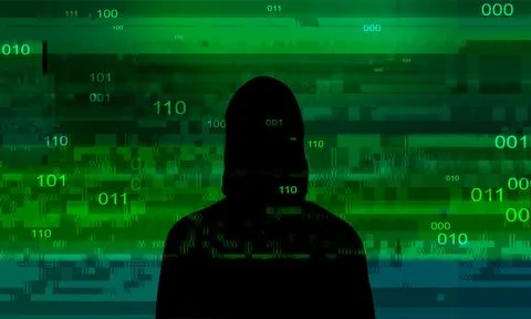 Computer hacker on abstract binary code background. Hacking concept Stock Illustration