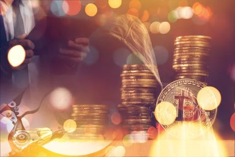 Computer hacker and Bitcoin cryptocurrency Stockfoto's