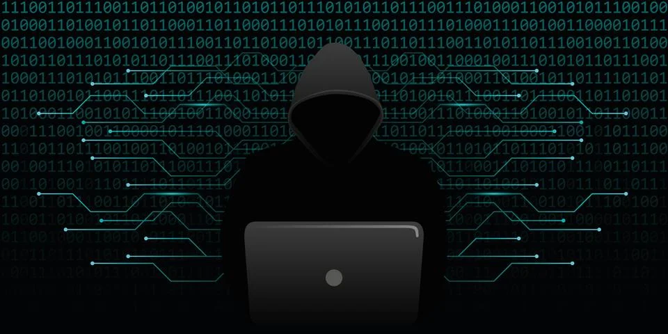 Computer hacker cybercrime with blue binary code web background Illustrazione stock