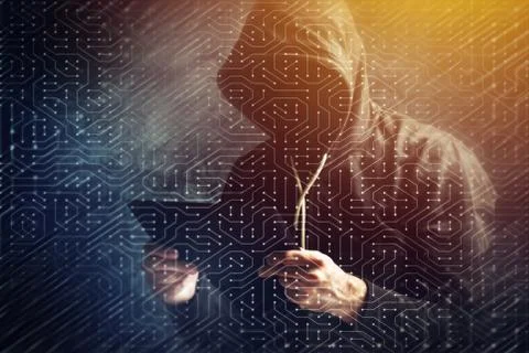 Computer hacker hacking artificial neural network 스톡 사진