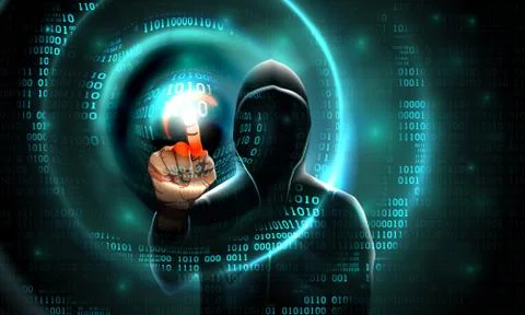 Computer hacker hood touches screen binary code. Hacking computer, data theft Stock Illustration